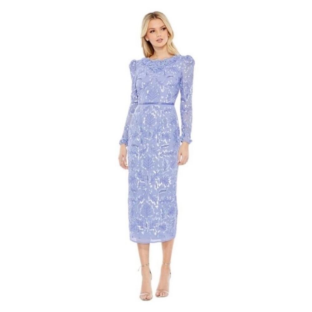 NWT MAC DUGGAL 93595 Periwinkle Floral Sequin Embellished High Neck Dress Womens